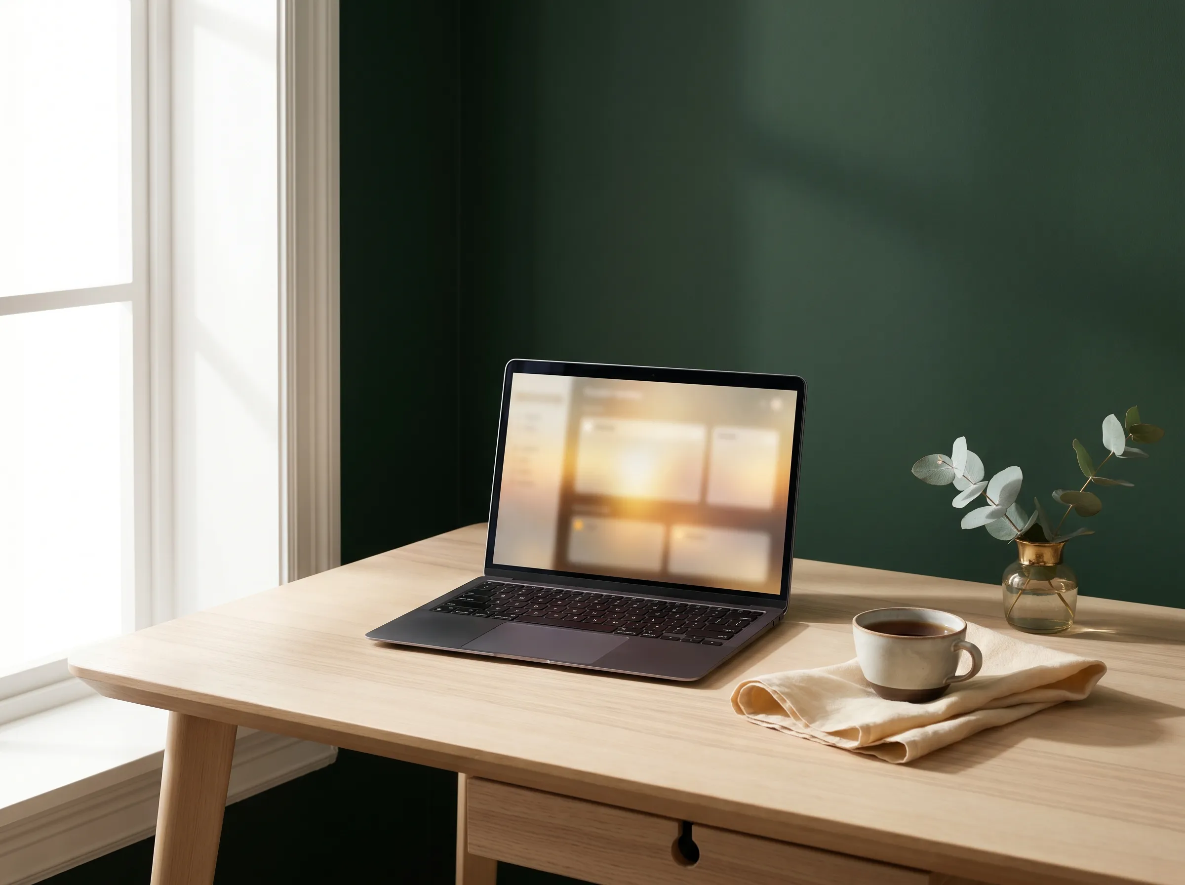 Morning light falls on a calm home desk with an open laptop.