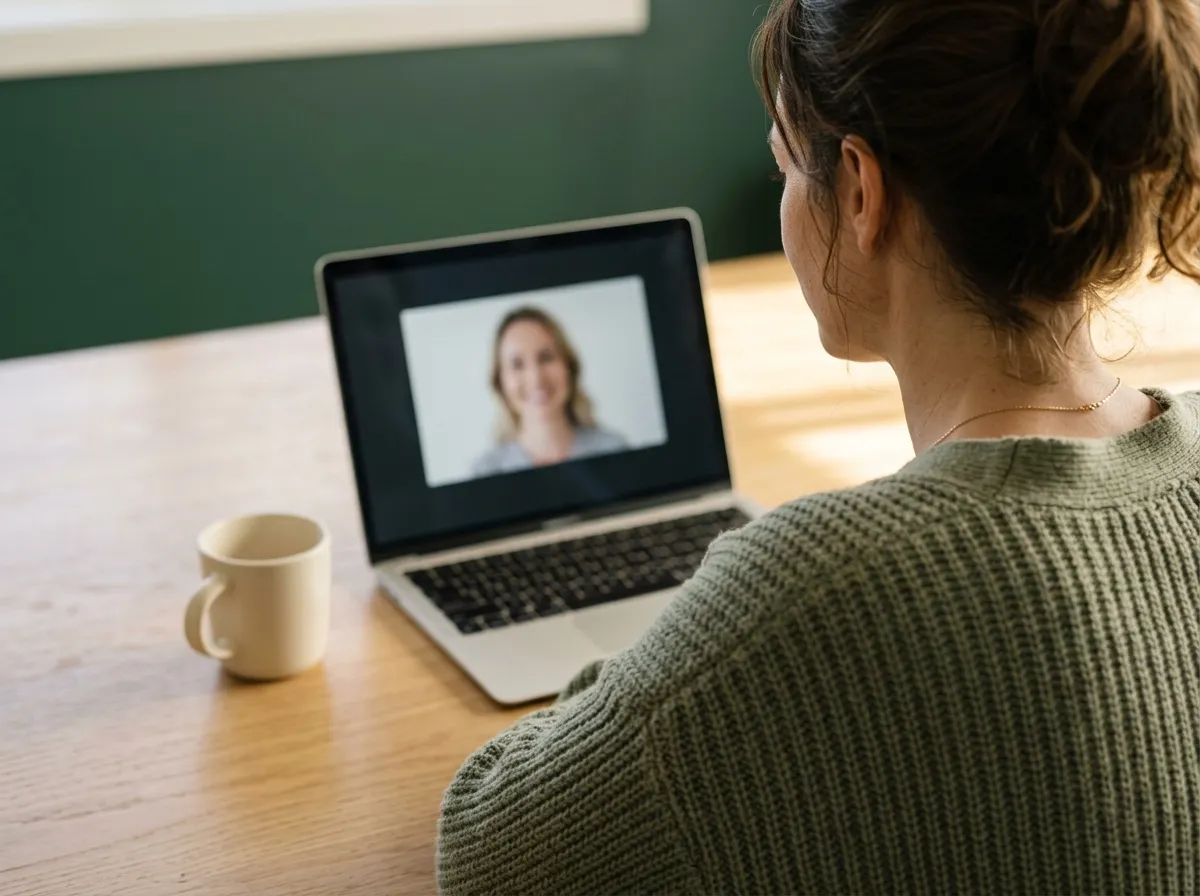 A video call open on a laptop at a timber table, with a cream mug beside it.