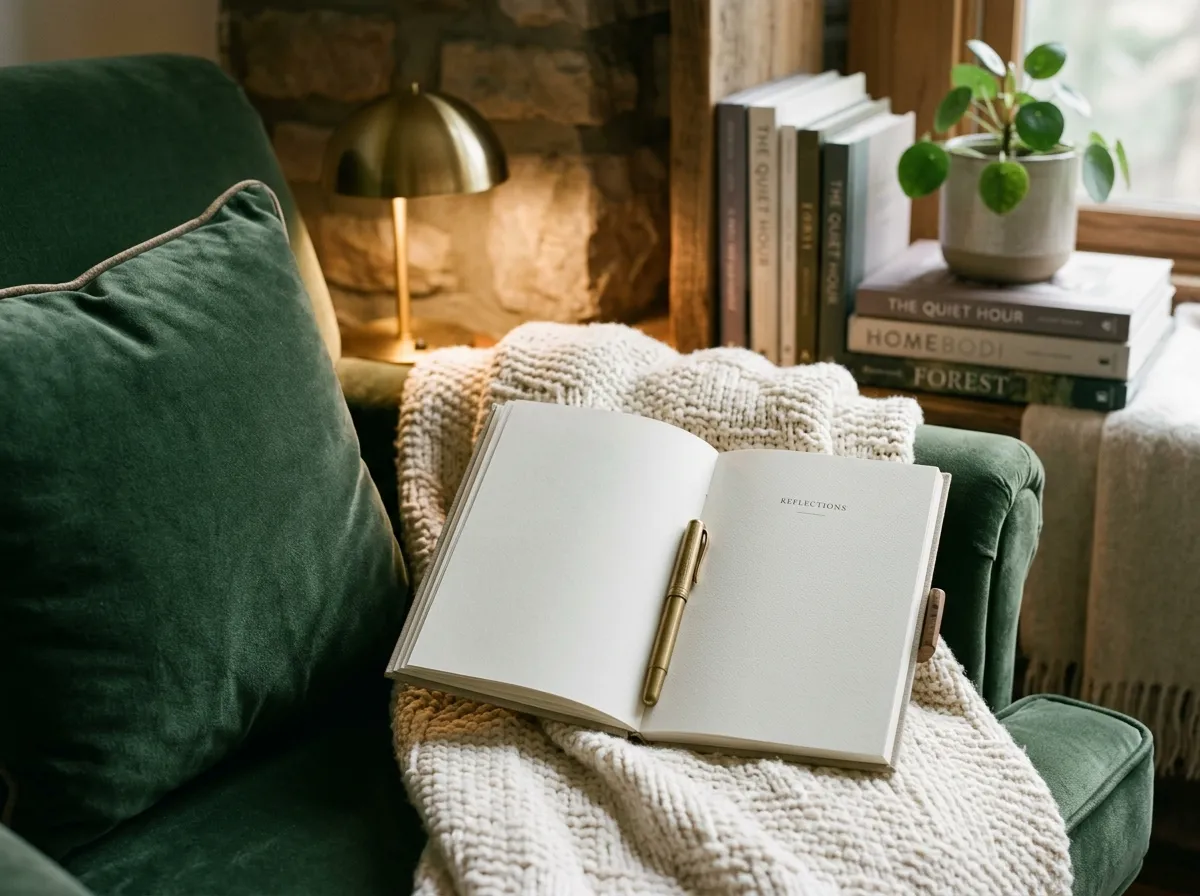 An open journal and a gold pen rest on a knitted throw.