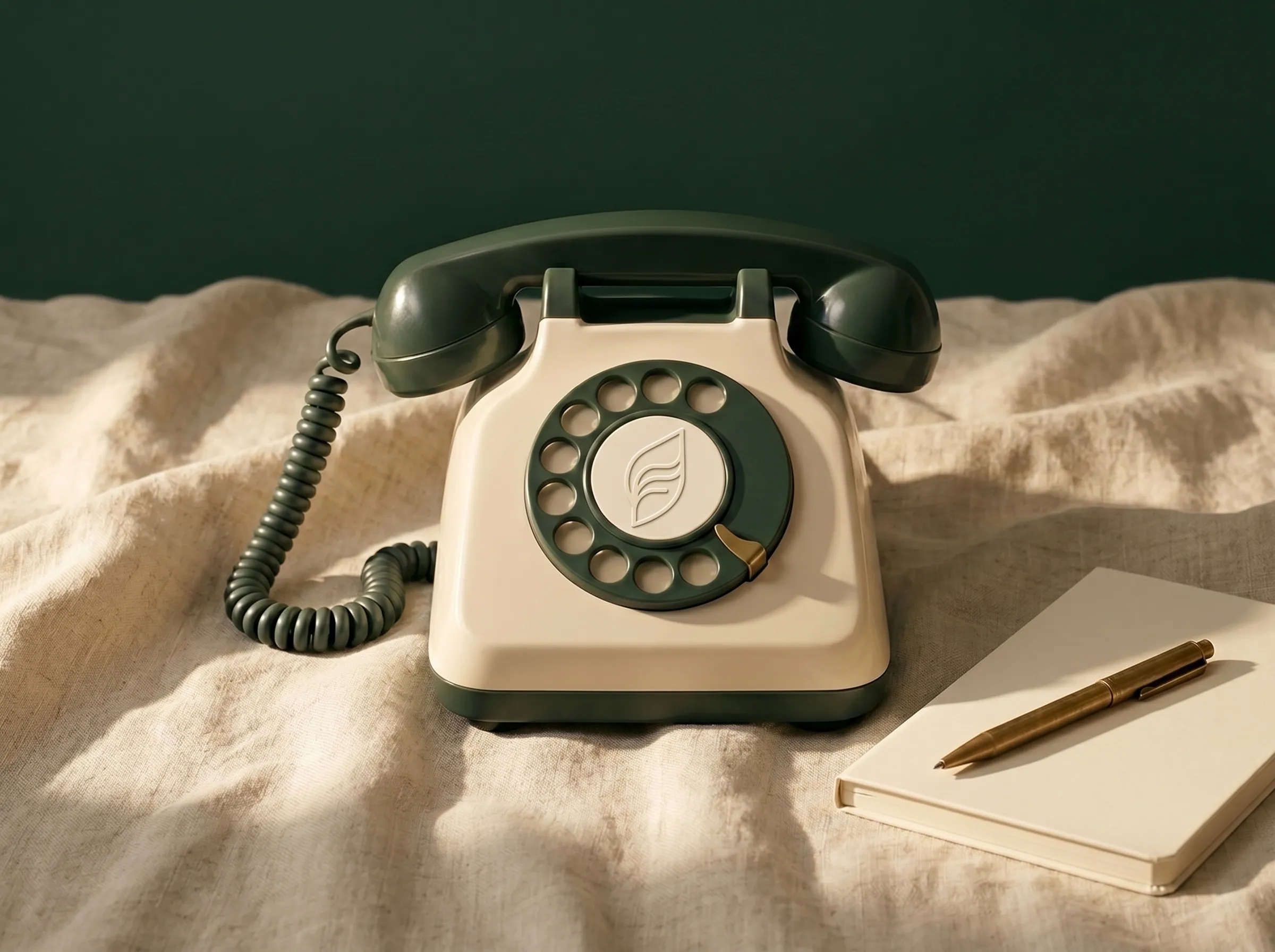 A cream and green telephone sits on a linen cloth.