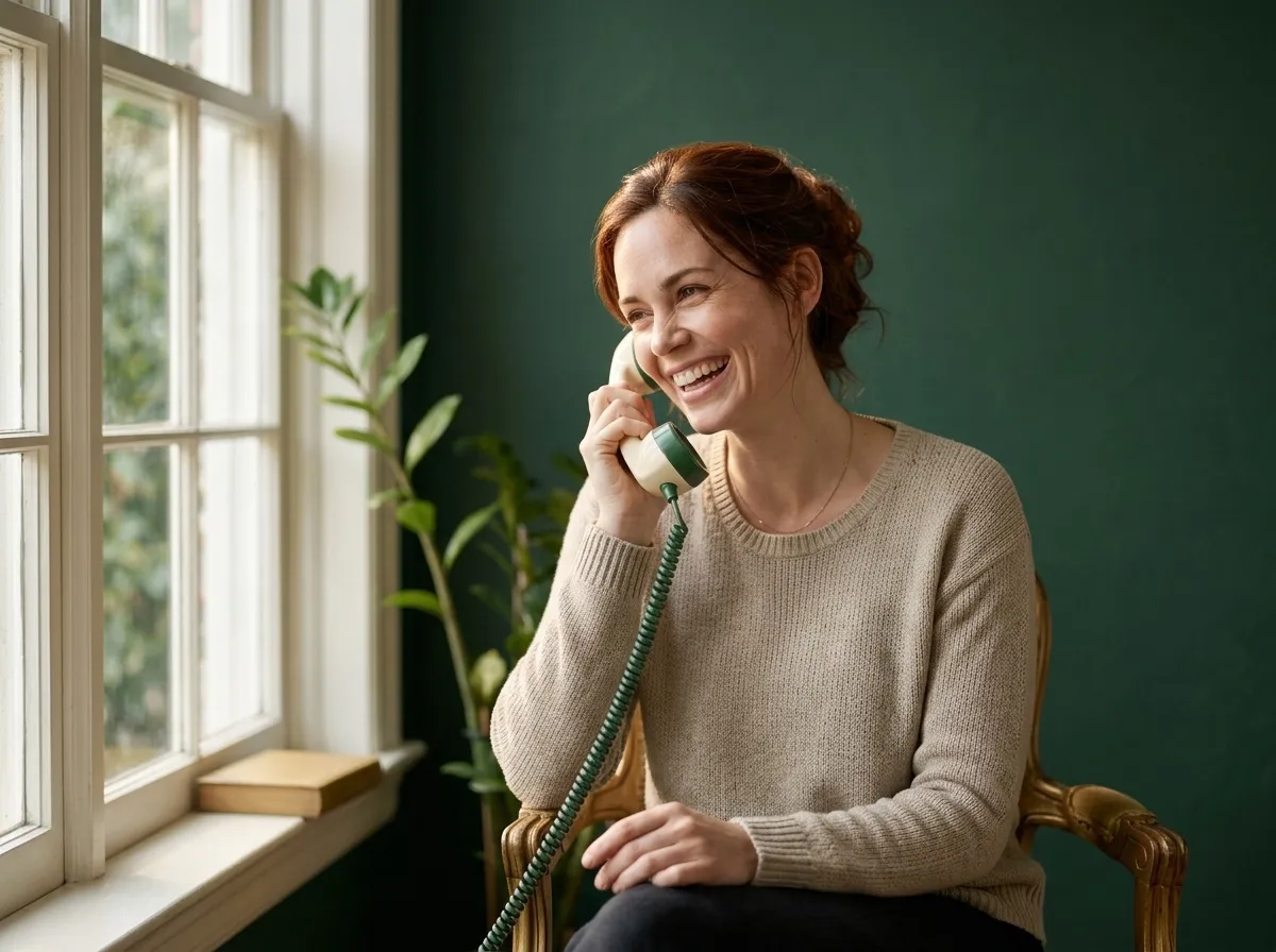 A woman smiles softly as she holds a telephone handset by a window.