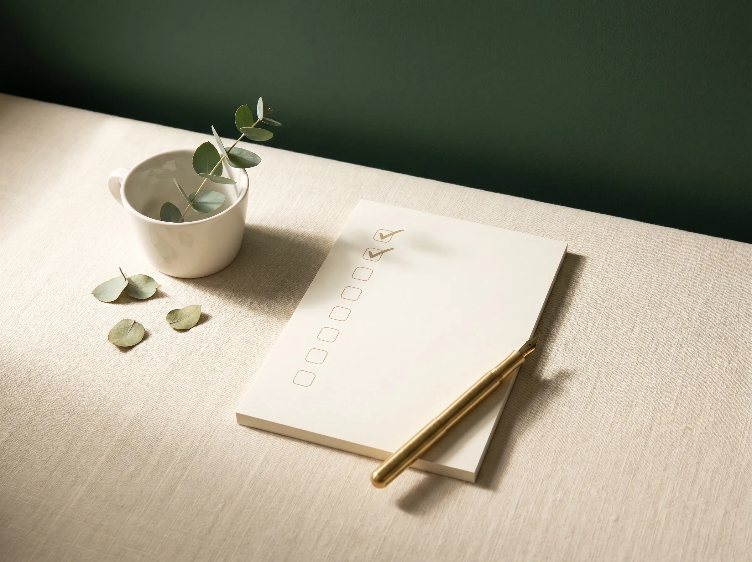 A phone propped against a steaming green mug on a timber kitchen bench beside a window.