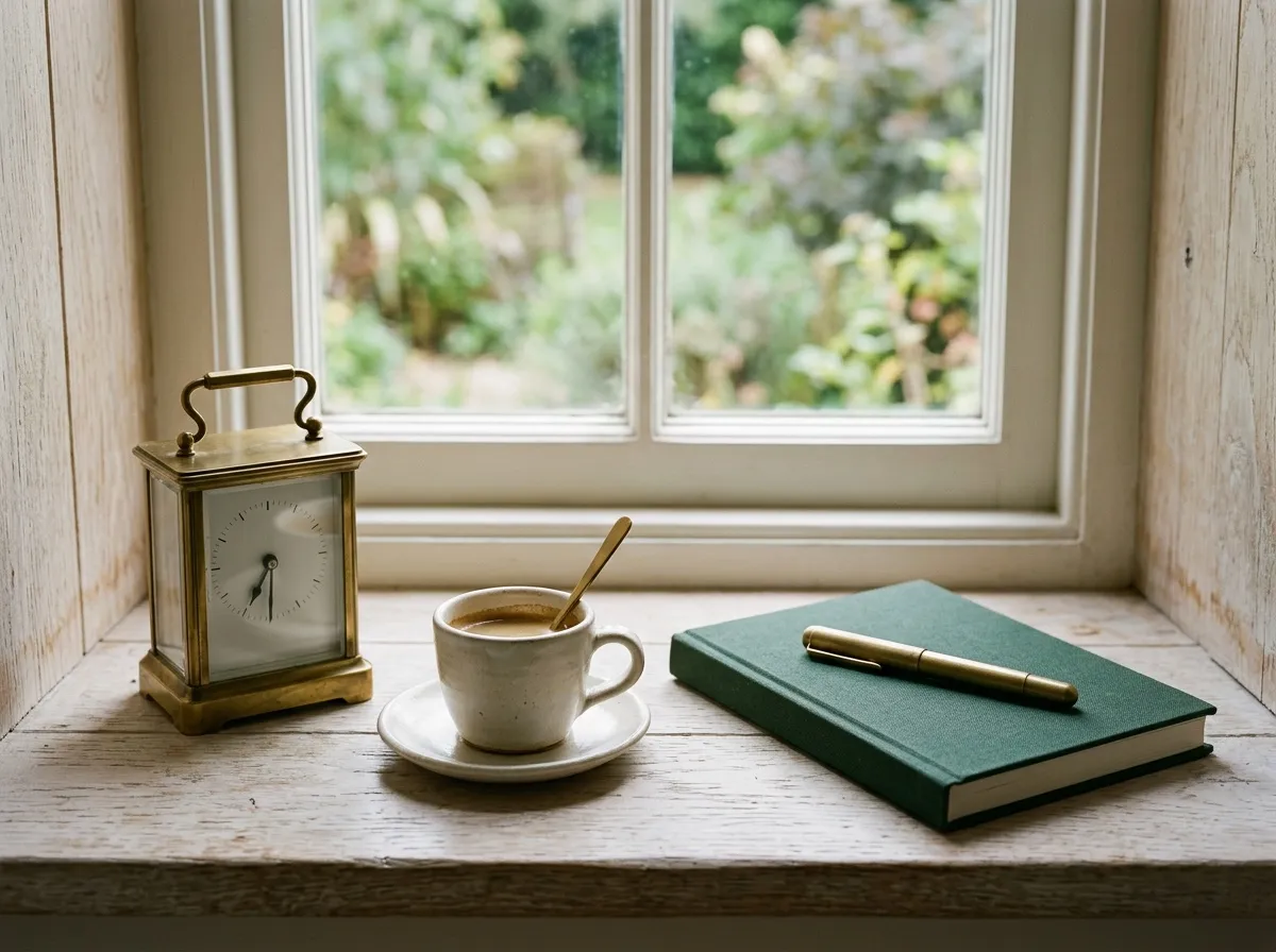 A brass carriage clock, an espresso cup and a green notebook with a pen on a sunlit windowsill.