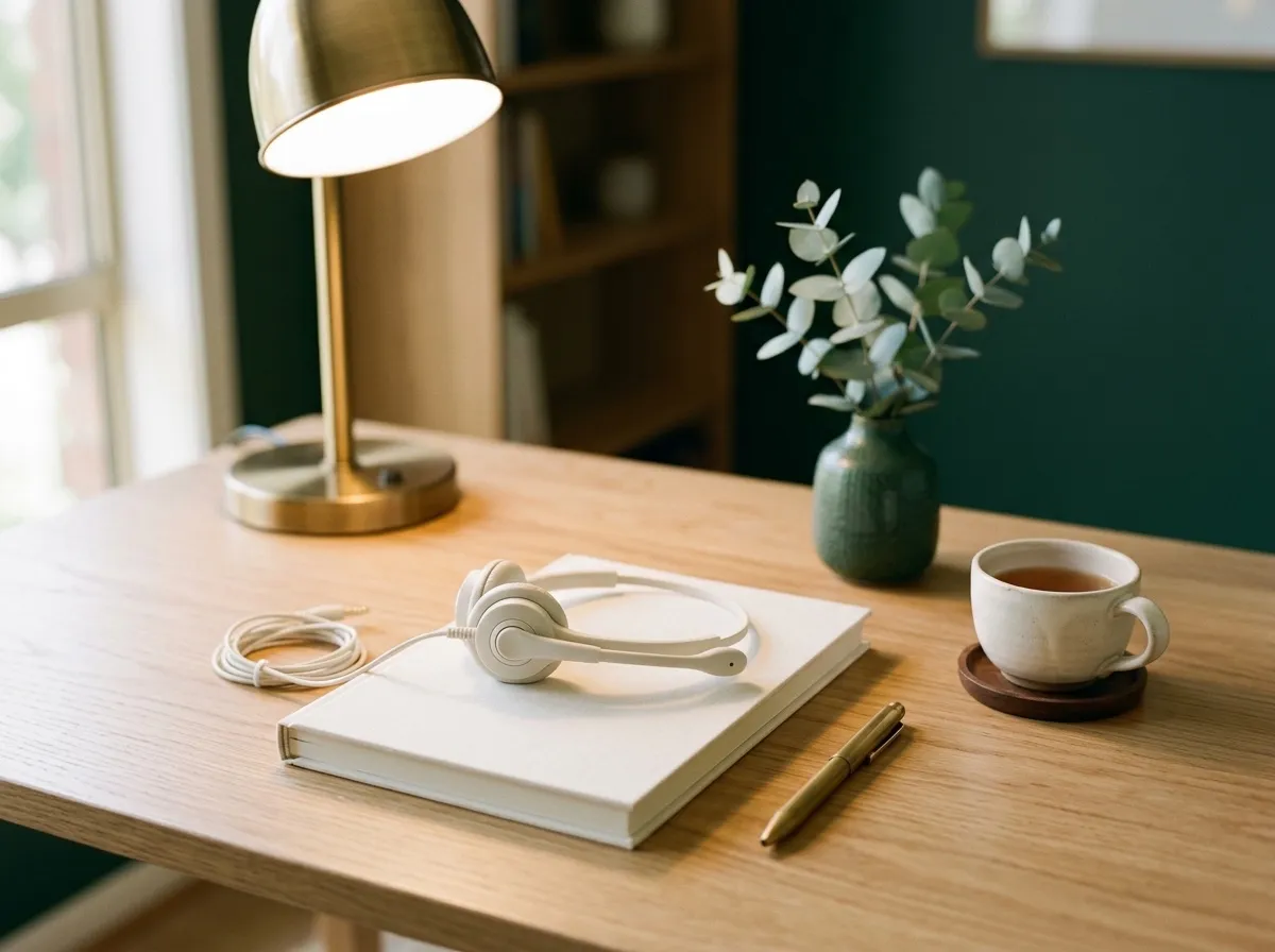 A white headset on a closed notebook beside a brass lamp, a cup of tea and eucalyptus stems in a vase.